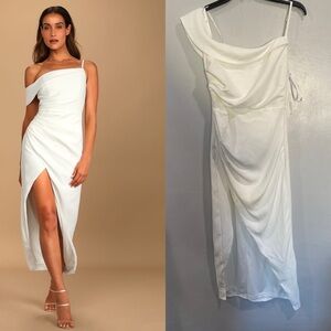 Lulus Showing Off a Little White Asymmetrical Tulip Midi Dress -Smll